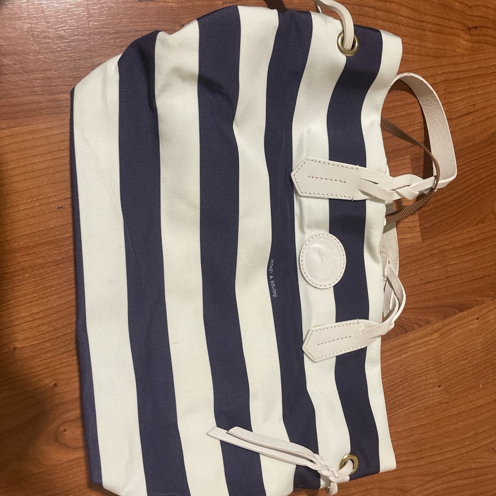 blue and white stripped purse